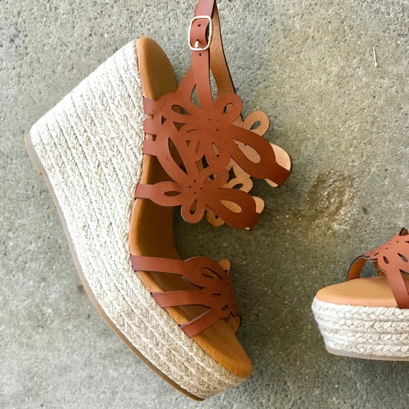 Cherish Shoes Cherish Tan Laser Espadrille Platform Wedge Sandal